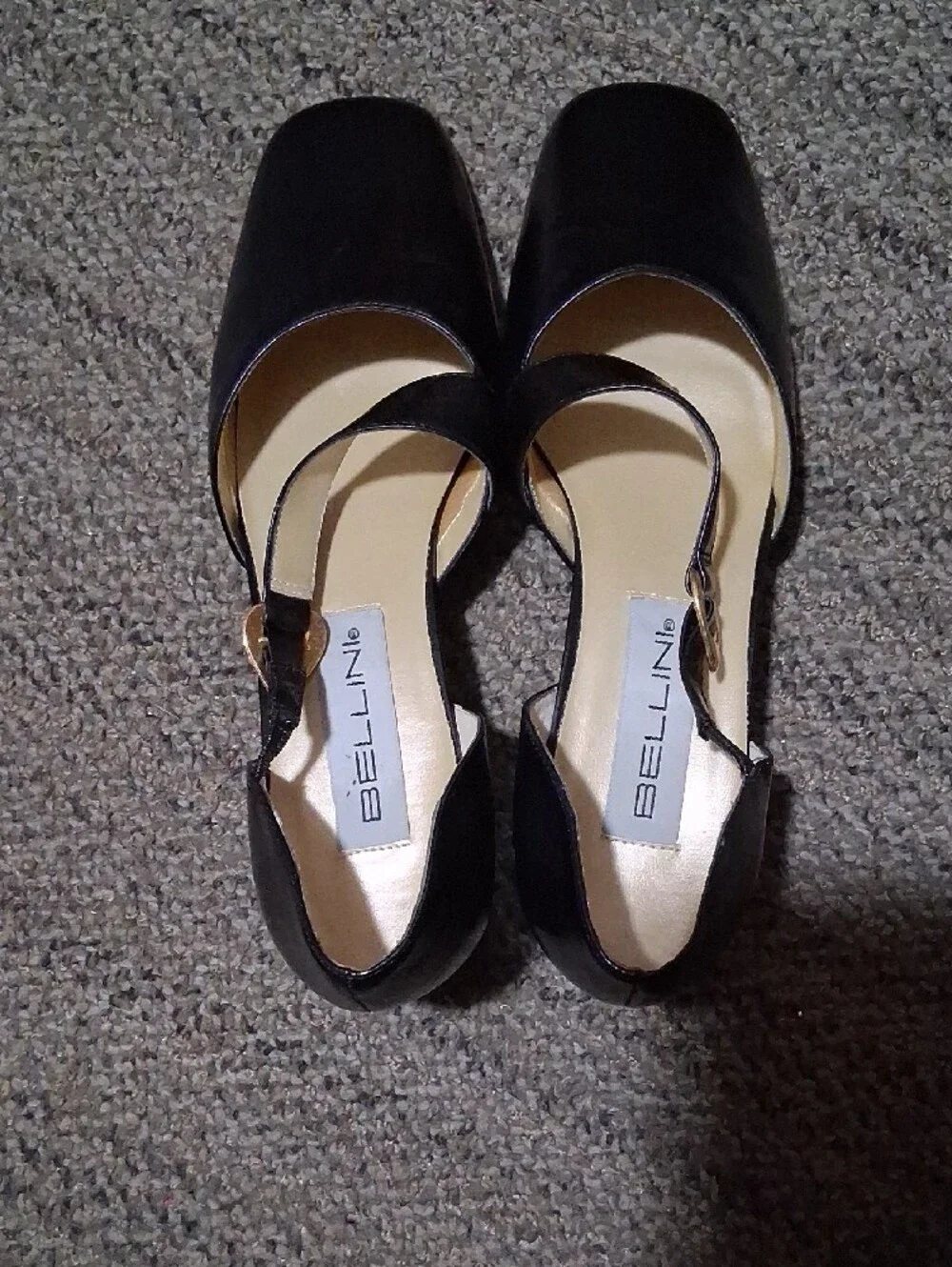 Bellini Black Mary Jane Square-Toe Heels with Gold Buckle